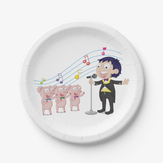 Junge singt mit Drei-Schweine-Chor Pappteller (Vorderseite)