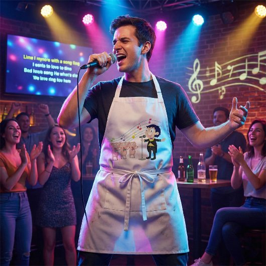 Junge singt mit Drei-Schweine-Chor Schürze