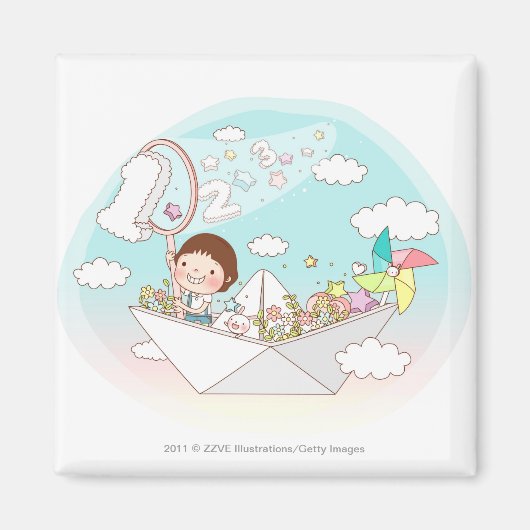 Junge sitzt im Papierboot Magnet (Vorne)