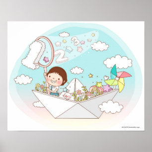 Junge sitzt im Papierboot Poster