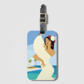 Junge spanische Lady posiert mit Fan an der Küste Gepäckanhänger (Vorderseite Vertikal)