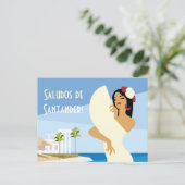 Junge spanische Lady posiert mit Fan an der Küste Postkarte (Stehend Vorderseite)