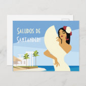 Junge spanische Lady posiert mit Fan an der Küste Postkarte (Vorne/Hinten)