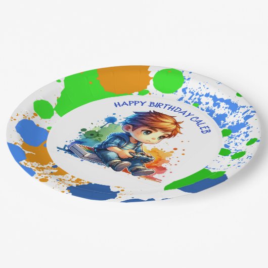 Junge Spiele Personalisiert Geburtstag Pappteller (Schrägansicht)