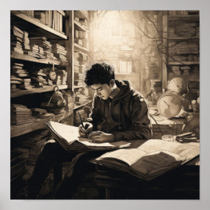 Junge Studentin in der Bibliothek eingetaucht: Ins Poster