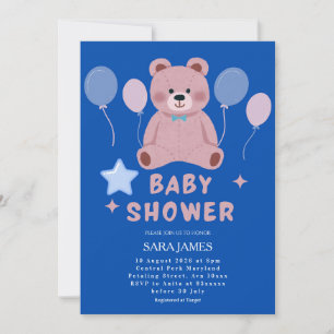 Junge Süßer Teddybär Blauer Luftballon Babyparty Einladung