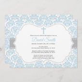 Junge Taufe Einladung Blau und Grau Damask (Vorne/Hinten)