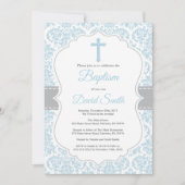 Junge Taufe Einladung Blau und Grau Damask (Vorderseite)