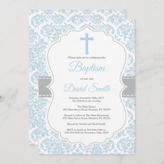 Junge Taufe Einladung Blau und Grau Damask (Vorne/Hinten)