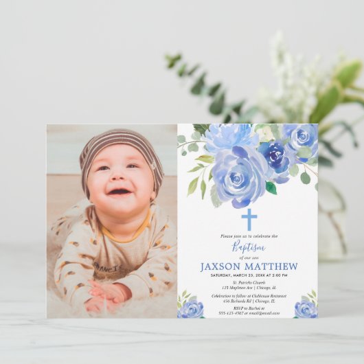 Junge Taufe Foto Einladung, marineblaue Blumen Einladung (Stehend Vorderseite)