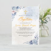 Junge Taufe religiöse moderne blaue Aquarell Einladung (Stehend Vorderseite)