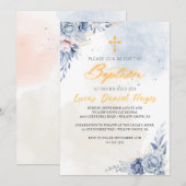 Junge Taufe religiöse moderne blaue Aquarell Einladung (Vorne/Hinten)