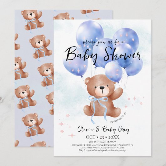 Junge Teddy Bär Baby Shower Einladung (Vorne/Hinten)