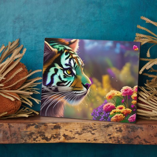 Junge Tiger und farbenfrohe Blume Fotoplatte (Seite)