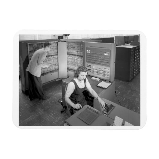 Junge trifft Mädchen, Computer-Dating, im Vintage- Magnet (Horizontal)