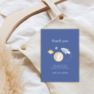 Junge über dem Mond Raumschiff Rakete Baby Shower Dankeskarte