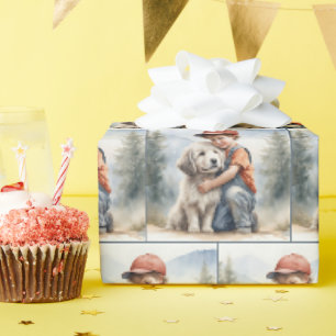 Junge umarmt Hund in Aquarell Geschenkpapier
