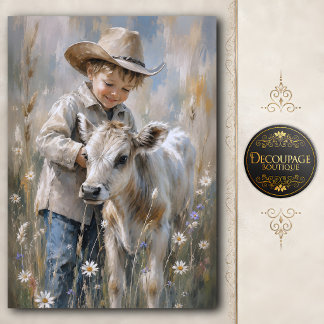 Junge und Babykalb-Decoupage Seidenpapier