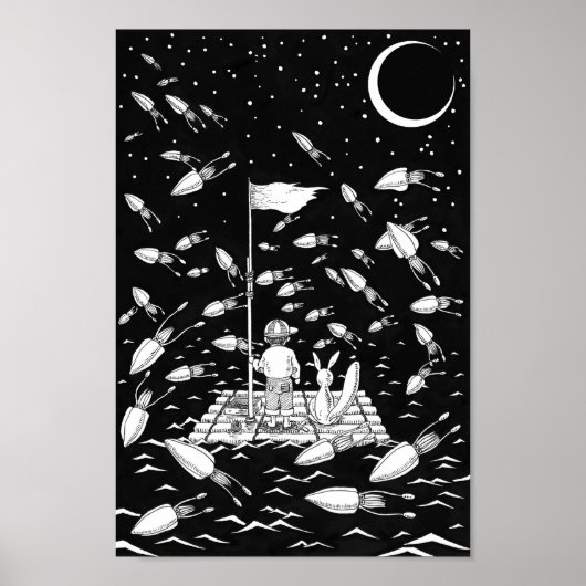 Junge und Fuchs treiben auf einem Floß. Poster (Vorne)