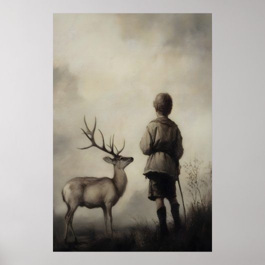Junge und Hirsch Vintage-Kunstposter Trübe Landsch Poster (Vorne)