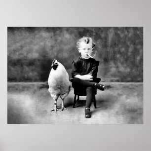 Junge und Huhn, Schwarz und Weiß, Lustiges Vintage Poster