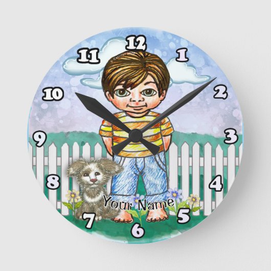 Junge und Hund Runde Wanduhr (Vorderseite)
