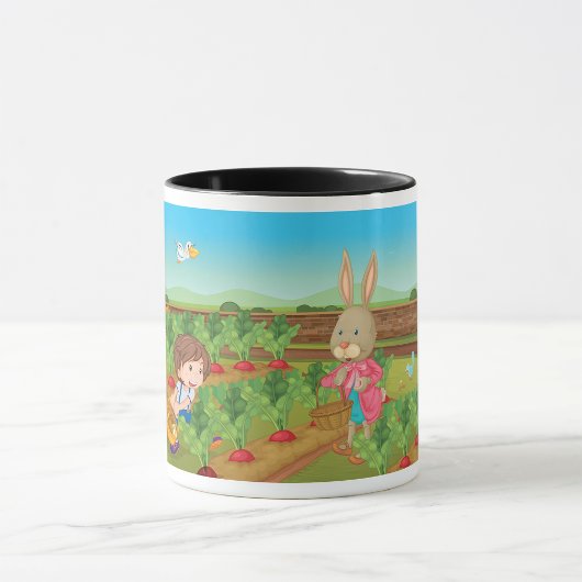Junge und Kaninchen, die Veggies-Tasse picken Tasse