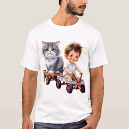 Junge und Katze oben auf dem T - Shirt