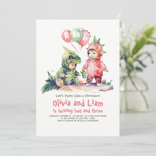 Junge und Mädchen Dinosaurier Gemeinsame Einladung (Stehend Vorderseite)