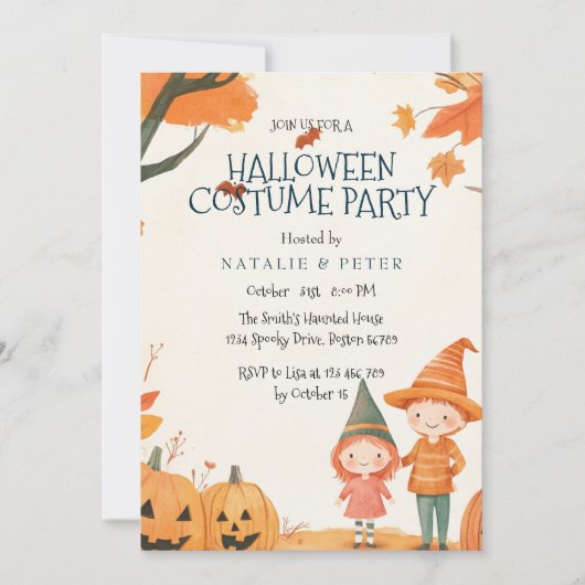 Junge und Mädchen Orange Halloween Party Einladung (Vorderseite)