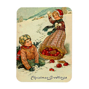 Junge und Mädchen spielen im Schnee Vintage Weihna Magnet