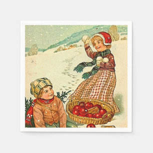 Junge und Mädchen spielen im Snow Vintage Weihnach Serviette
