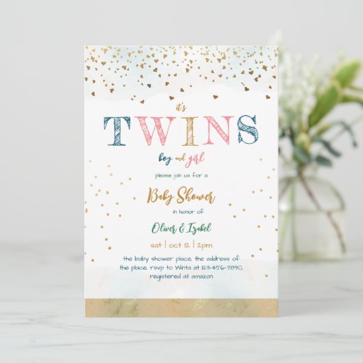 Junge und Mädchen Twins Gold Glitzer Einfache Kind Einladung (Stehend Vorderseite)