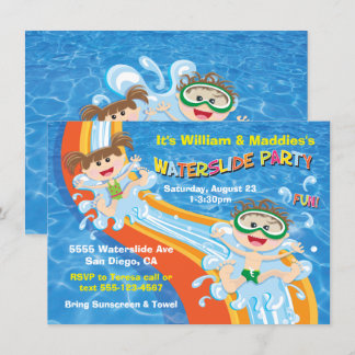 Junge und Mädchen Wasserrutsche Pool Party Geburts Einladung