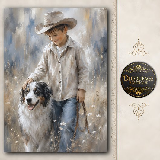 Junge und Ranchhund-Decoupage Seidenpapier
