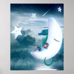 Junge und Seepferde Fischen auf dem Mond Poster