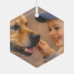 Junge und sein Hund Glas-Sechseck-Ornament Ornament Aus Glas