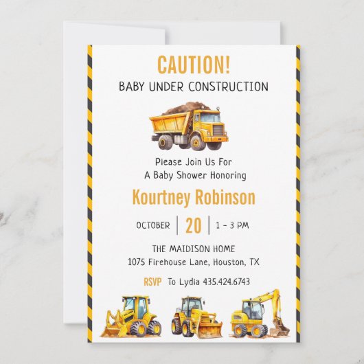Junge unter Baustellen Baby Dusche Party Einladung (Vorderseite)