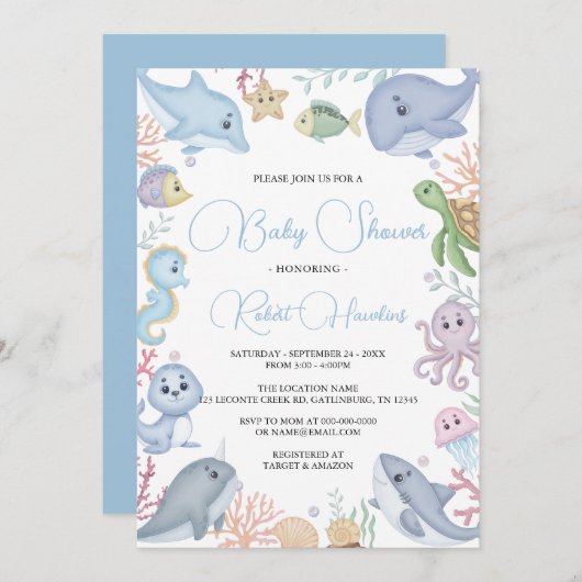 Junge unter dem Meer Wasserfarbendusche Einladung (Vorne/Hinten)