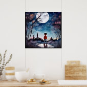 Junge unter dem Vollmond-Wasserfarbenplakat Poster (Küche)