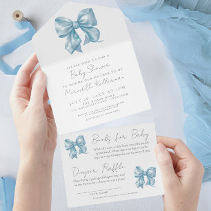 Junge Wasserfarbe Band Blau Schleife Baby Shower All In One Einladung