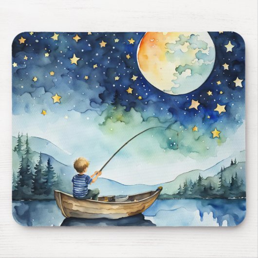 Junge Wasserfarbe Fischen unter dem Mond Mousepad (Vorne)