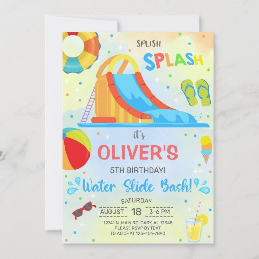 Junge Wasserrutsche Sommergeburtstag Einladung ein (Vorderseite)
