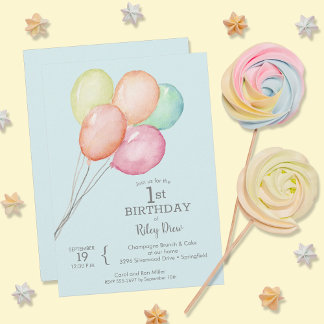 Junge Watercolor Balloons zum 1. Geburtstag Einladung