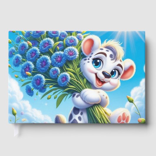 Junge Welpe mit Cornblumen auf einem sonnigen Feld Gästebuch (Vorderseite)