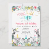 Junge wild lebende und drei rosa Party Tier Geburt Einladung (Vorderseite)