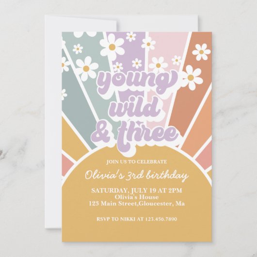 Junge wilde drei Retro Sunshine Rainbow Daisy Einladung (Vorderseite)