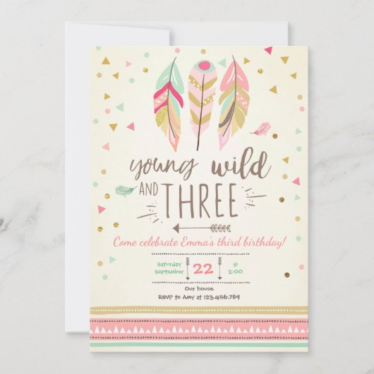 Junge wilde und drei einladen Girl Pink Gold 3. Einladung (Vorderseite)