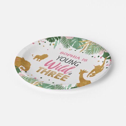 Junge wilde und drei Girl Pink Safari-Tiere Pappteller (Schrägansicht)