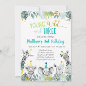 Junge Wildtiere und drei blaue Party zum Geburtsta Einladung (Vorderseite)